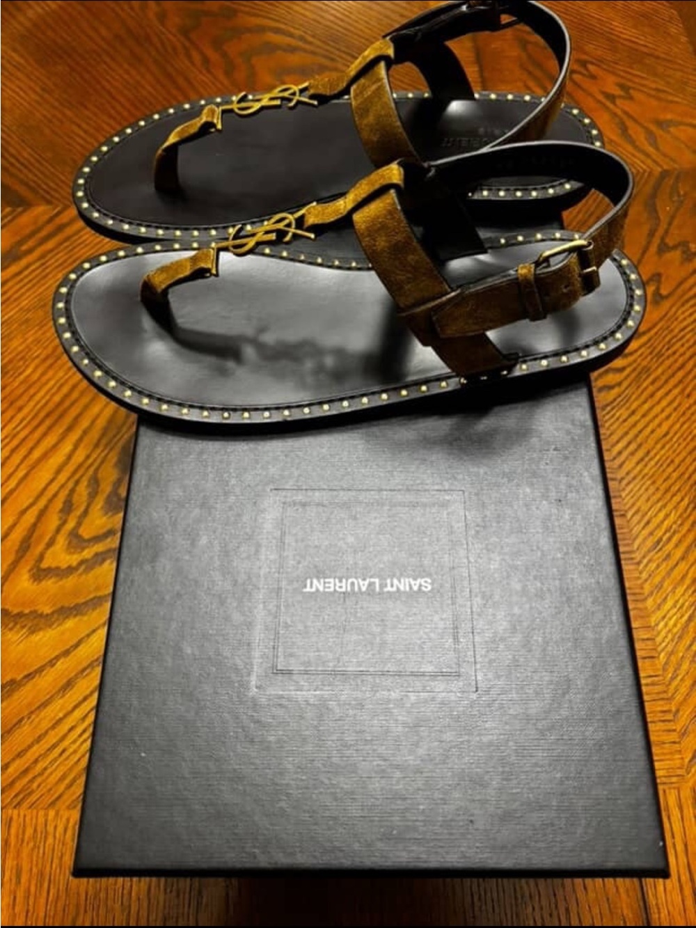Saint Laurent Brown and Gold Suede Logo Thong Sandals - Picture 5 of 6